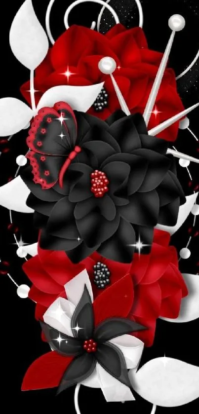 Elegant floral abstract design in red, black, and white.