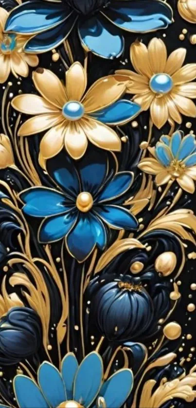 Elegant floral wallpaper with blue and gold abstract flowers.