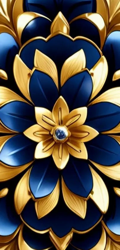 Elegant blue and gold floral abstract wallpaper.