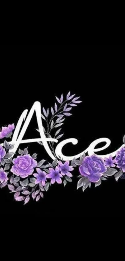 Purple floral 'Ace' design on black background wallpaper.