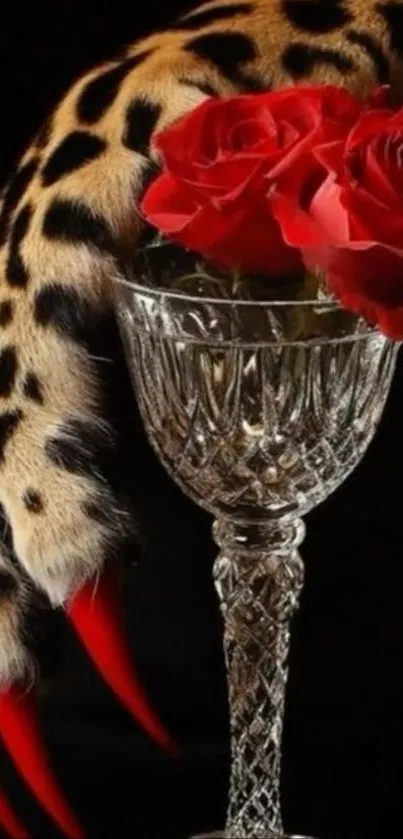 Crystal vase with red roses and leopard print design.