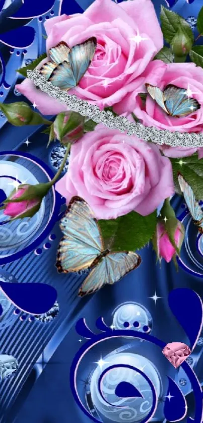 Elegant wallpaper with pink roses and blue butterflies on dark blue background.