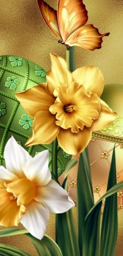 Golden butterfly and daffodil floral art with ornate Easter eggs.