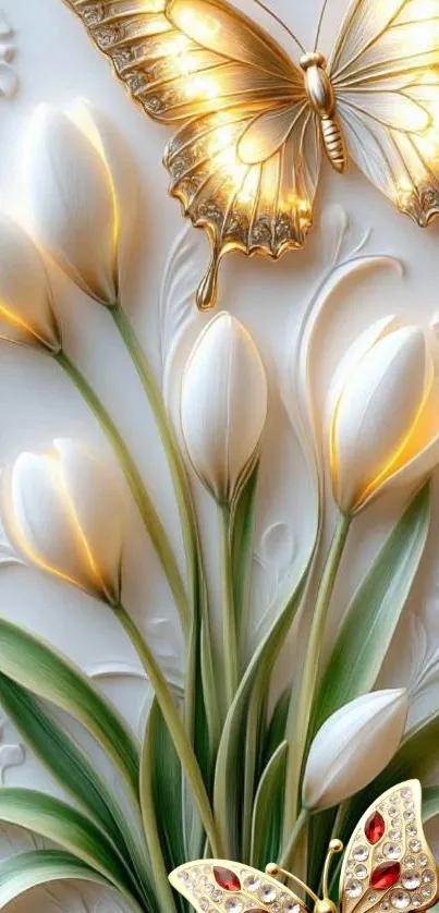 Elegant 3D floral design with golden butterflies on a wallpaper background.