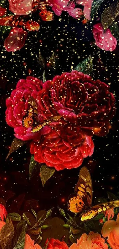 Red roses with butterflies on a dark background mobile wallpaper.