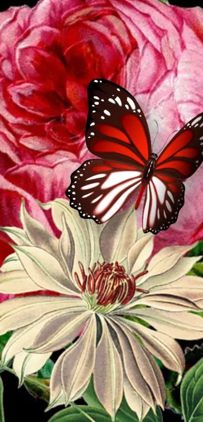 Red butterfly on pink and cream flowers with green leaves.