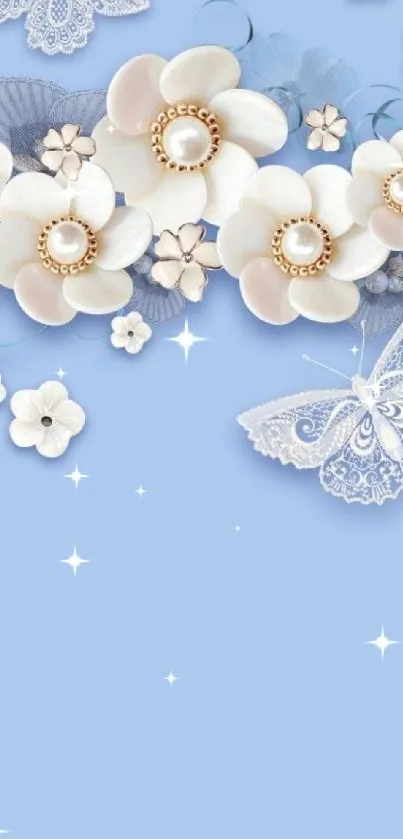 Elegant floral and butterfly wallpaper with pastel blue background.