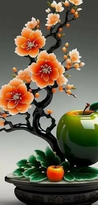 Artistic floral and apple mobile wallpaper.