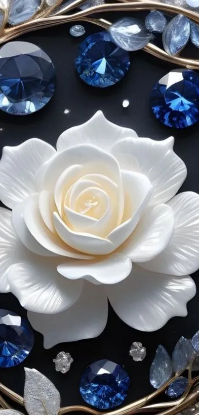 Elegant wallpaper with a white rose and blue gems.