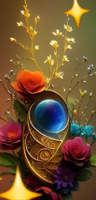 Floral and gem mobile wallpaper with vibrant colors and golden accents.