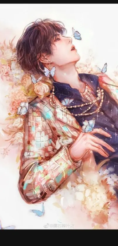 Anime-inspired floral art with butterflies on mobile wallpaper.