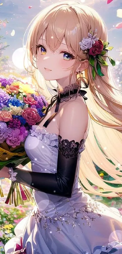 Elegant anime girl holding flowers, under a bright sky.