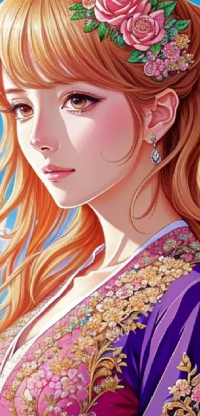 Anime artwork of a woman in a floral dress with clouds background.
