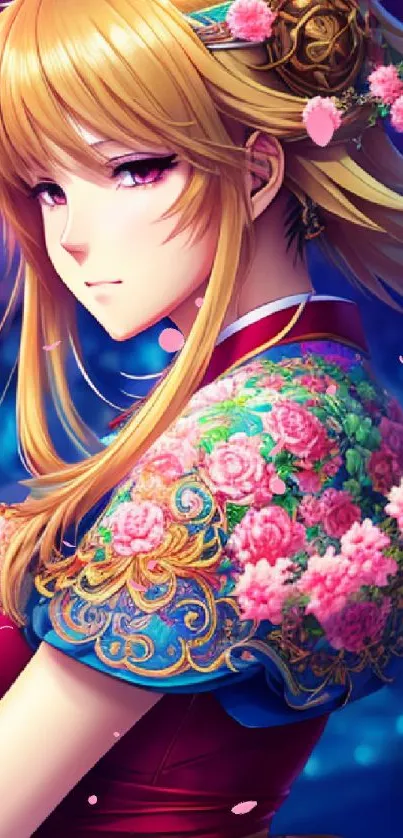 Elegant anime character with floral background in vibrant colors.