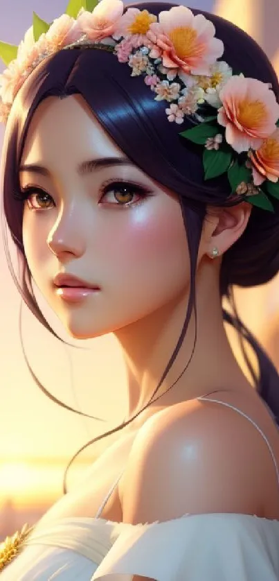 Anime girl with floral headpiece on a sunset background.