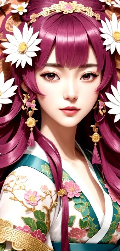 Anime character with floral designs and daisies in rich red violet tones.