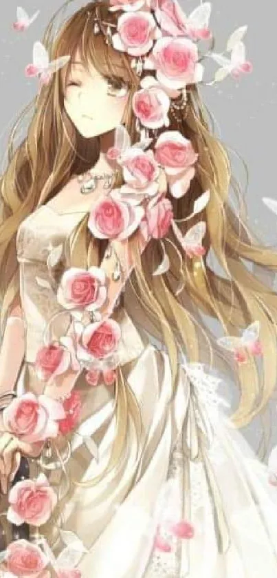 Anime girl with pink roses and butterflies in a light gray background.