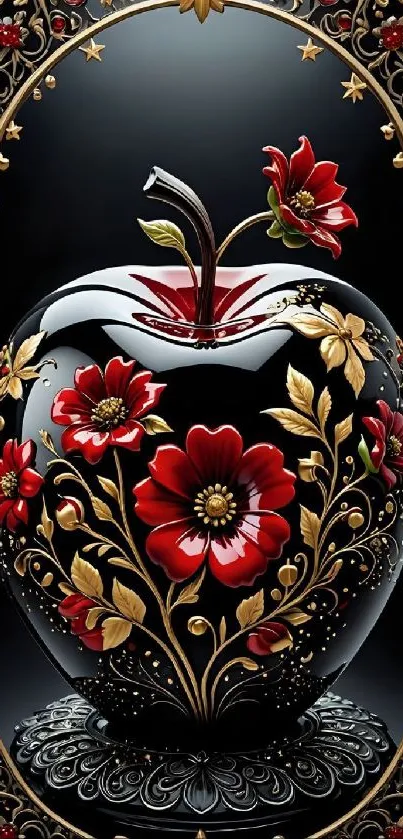 Black apple with ornate floral design featuring red flowers and gold leaves.