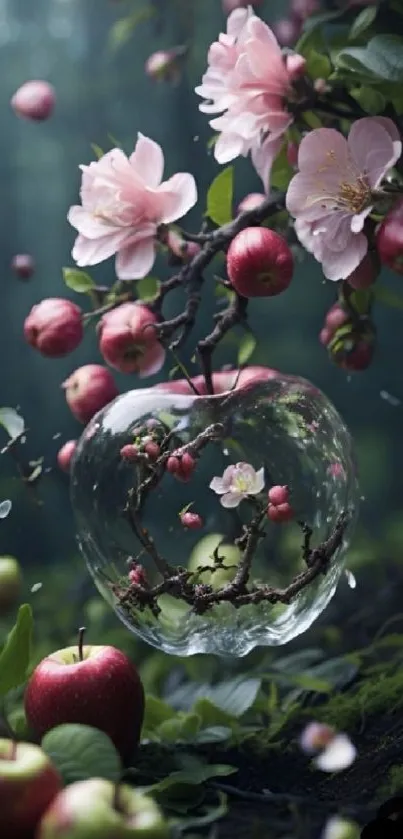 Elegant mobile wallpaper with apples and pink flowers in a glass globe.