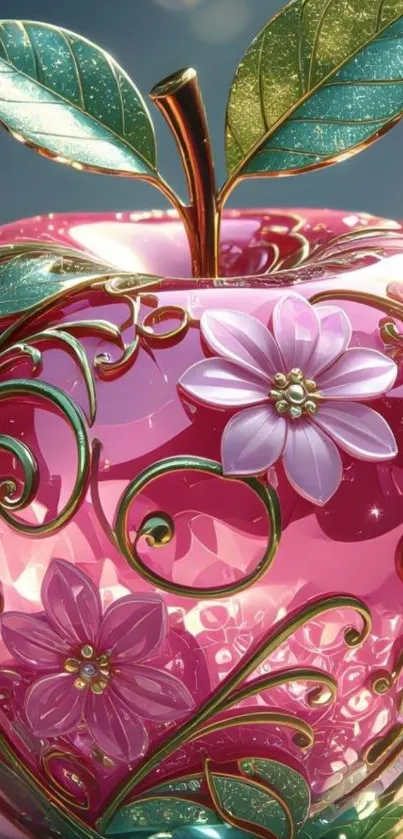 Pink floral apple with decorative metallic elements.