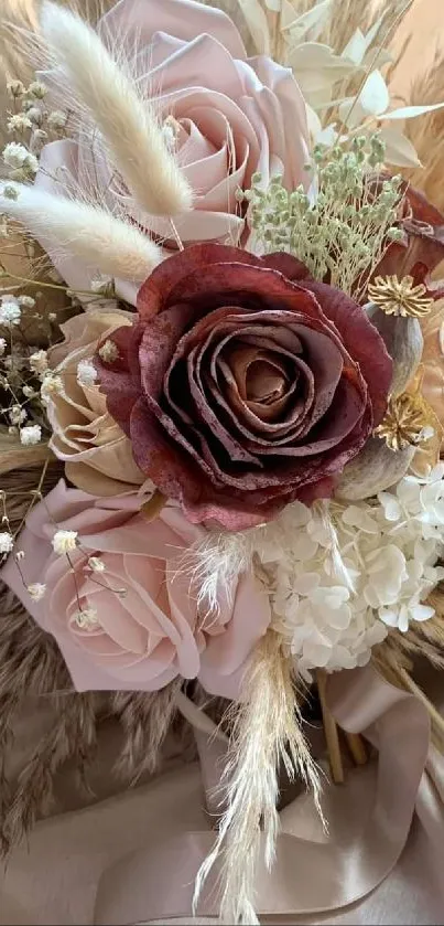 Elegant bouquet with roses and pampas grass in soft beige tones.