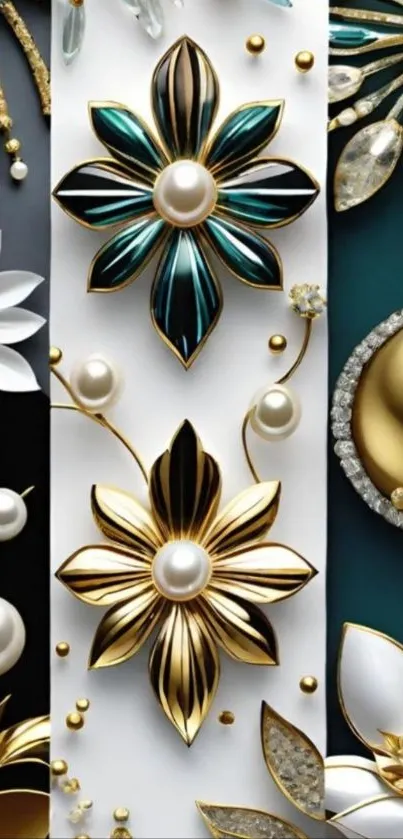 Elegant art deco wallpaper with floral and pearl designs.
