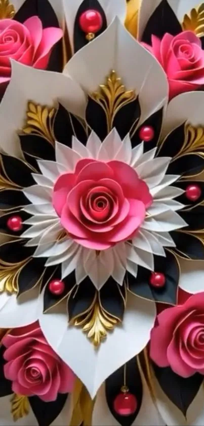 Elegant floral design with pink roses and gold accents.