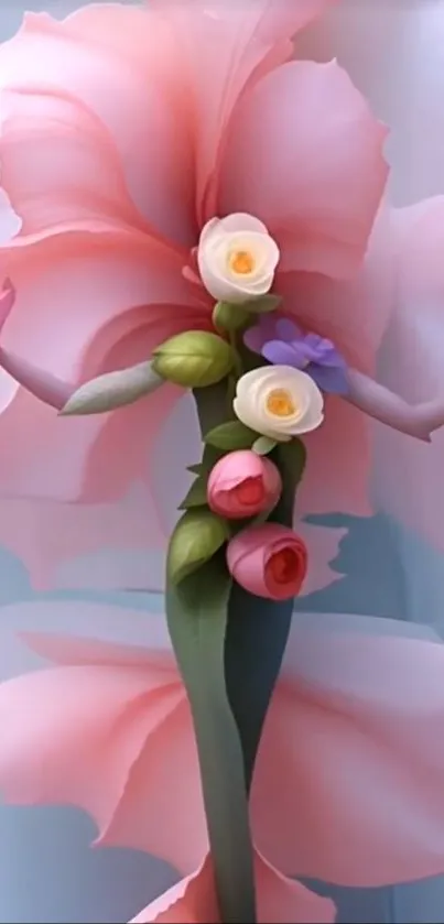 Elegant floral art with pink petals and roses.