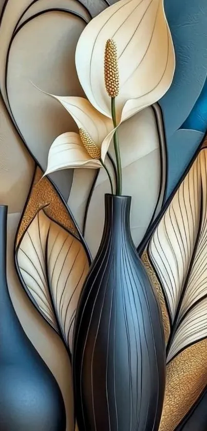 Abstract floral design with vases and leaves.