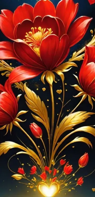 Red and gold floral artistic mobile wallpaper