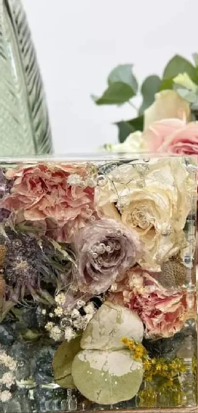 Elegant floral art in a glass vase with a pastel rose bouquet.