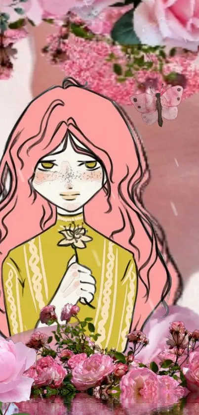 Artistic wallpaper with pink-haired girl surrounded by roses and butterflies.