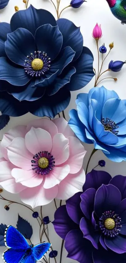 3D floral art wallpaper with birds and butterflies.