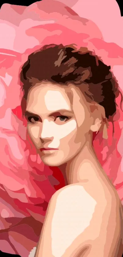 Stylized woman portrait with pink floral background wallpaper.