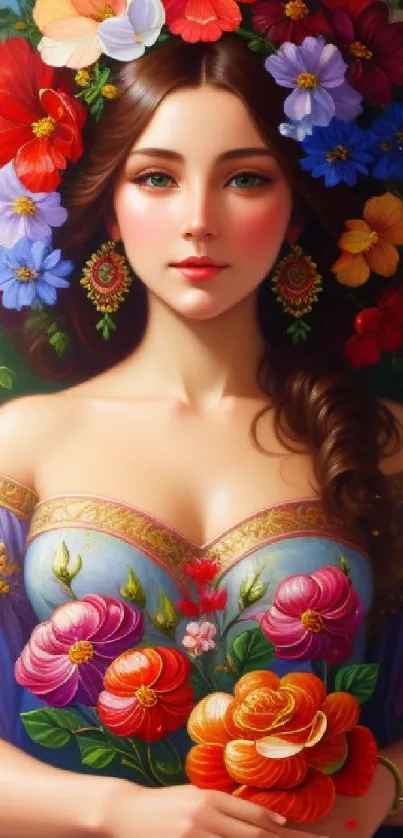 Elegant woman surrounded by vibrant flowers in a digital art portrait.