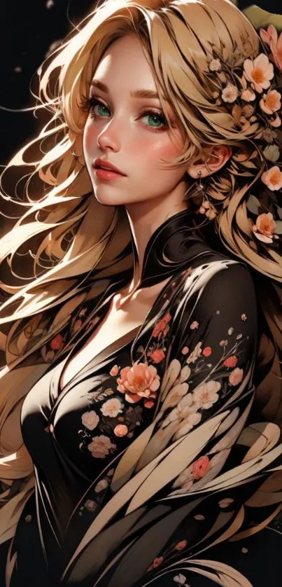 Artistic wallpaper of a woman with flowers in dark tones.