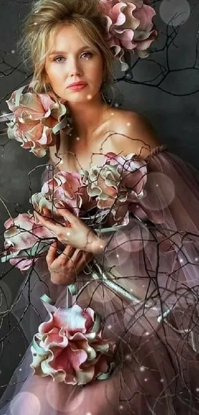 Woman in floral dress with pink beige flowers and branches.