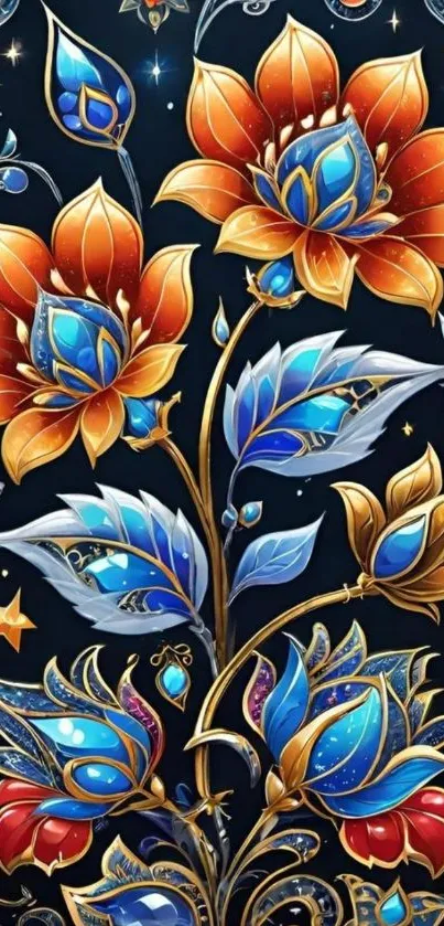 Vibrant floral art wallpaper with blue and orange abstract flowers.