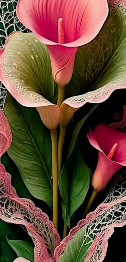 Illustrated floral art with pink lilies and green leaves.