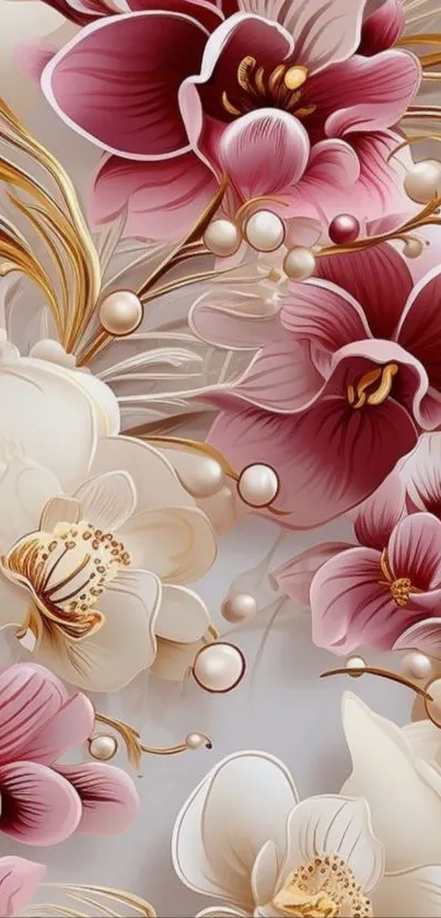 Elegant pink and white floral art on mobile wallpaper.