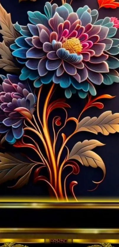 Artistic floral wallpaper with dark background and colorful flowers.