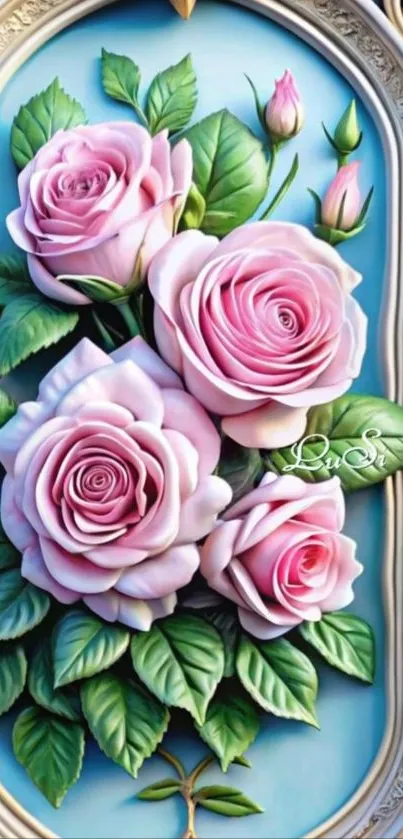 Beautiful pink roses with green leaves on a decorative background.