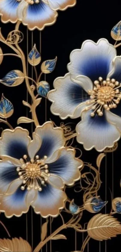 Elegant floral artwork with gold and blue accents on a black background.