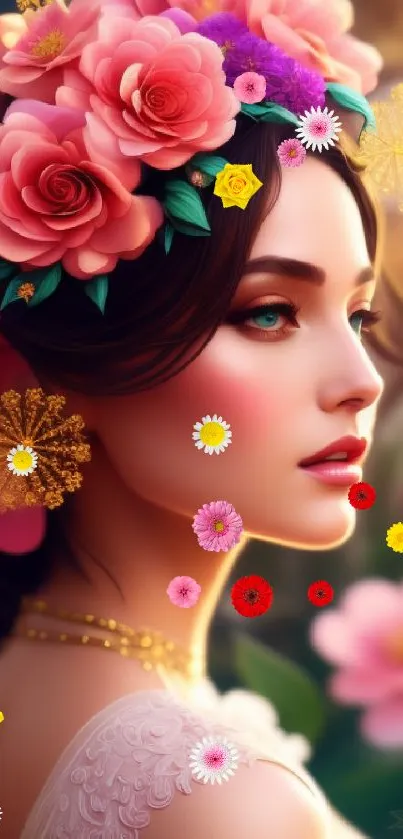 Elegant woman with vibrant floral crown in artistic mobile wallpaper.