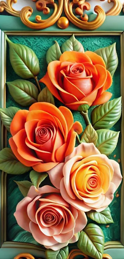 Elegant floral art wallpaper with orange roses and ornate green frame.