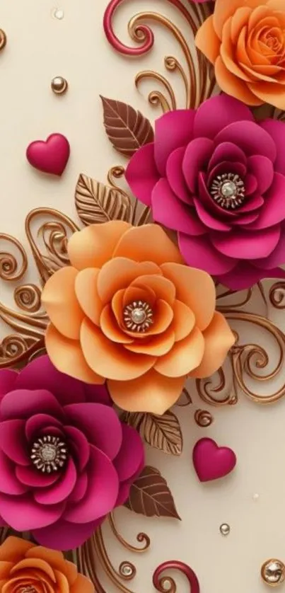 Elegant floral wallpaper with vibrant roses and swirls.