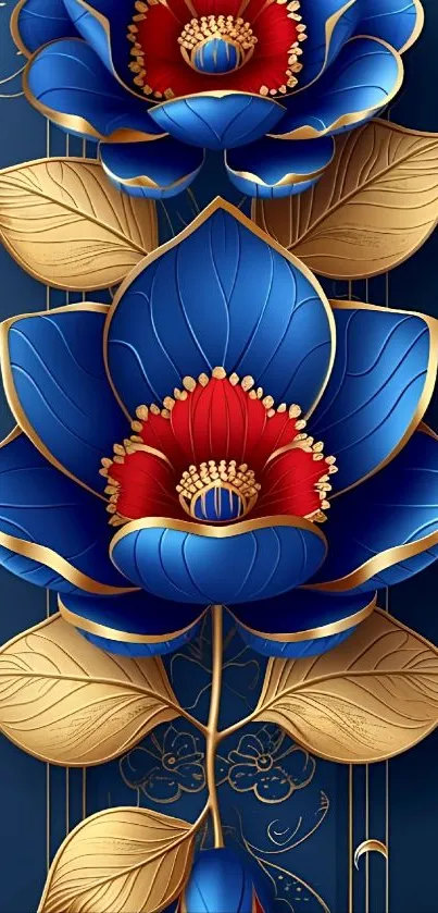 Elegant blue and red floral wallpaper with golden leaves.