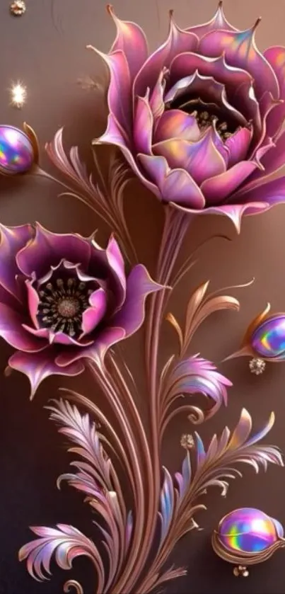 Elegant wallpaper with purple floral art and metallic accents.