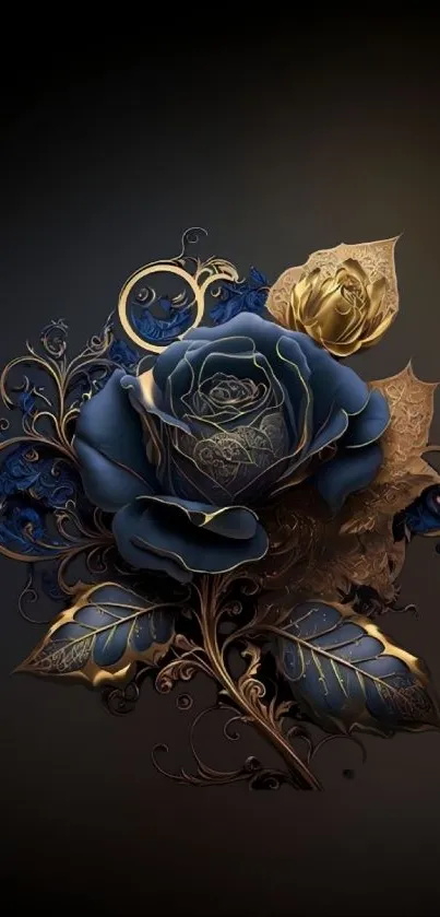 Dark blue and gold floral art wallpaper featuring a rose design.