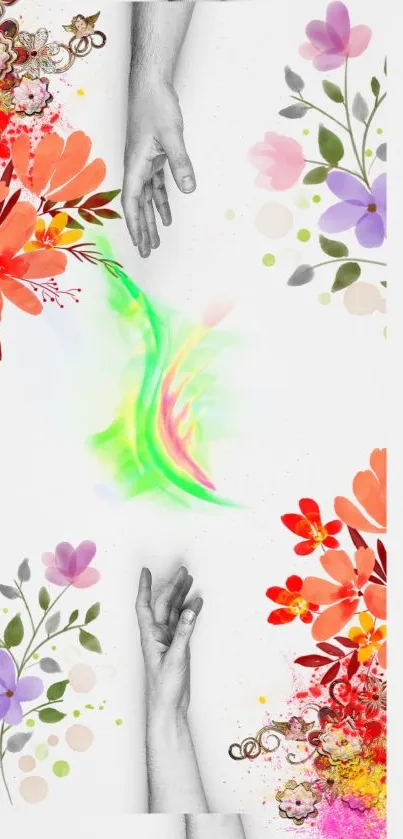 Vibrant floral art with hands and flowers on a white mobile wallpaper.